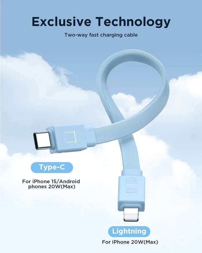 Two-way fast charging cable with Type-C and Lightning ends for compatible phones