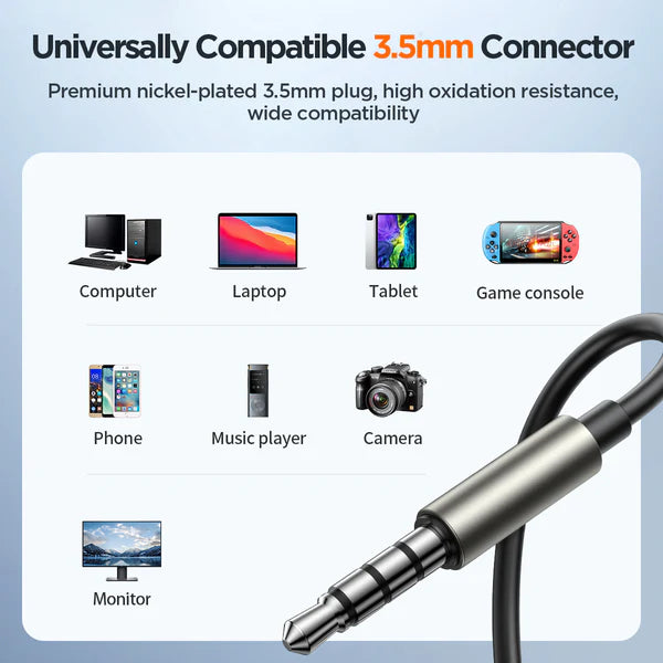 3.5mm wired earbud plug with metal connector on white cable