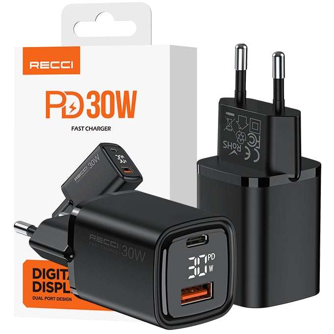 FAST WALL CHARGER RC81E 30W USB and USB-C PD QC 3.0 LED DISPLAY RECCI