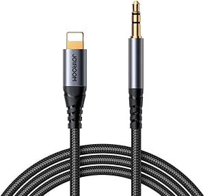 Black braided AUX audio cable, Lightning and 3.5mm connectors with gold tips