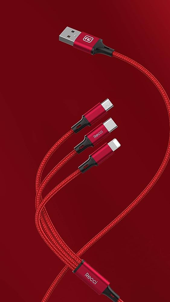 Red braided 3-in-1 USB cable with USB-A plug and three device connector tips
