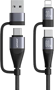 4-in-1 fast charging cable with USB-A, Type-C, and 8-pin connectors, black braided