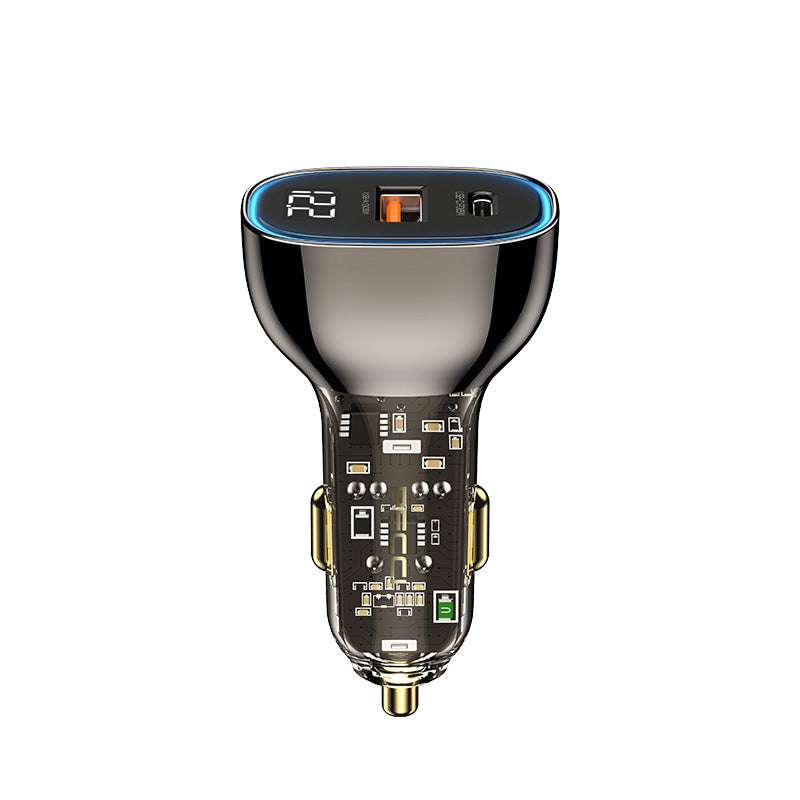 Transparent car charger with USB-C and USB-A ports, blue LED ring, brass base