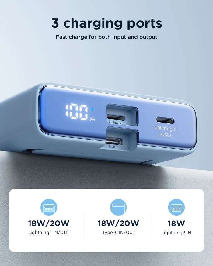 Power bank showing three charging ports: Type-C and Lightning inputs/outputs