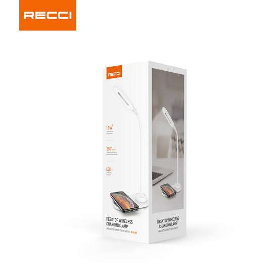 Product box for desk wireless charger with LED desk lamp and two charging views