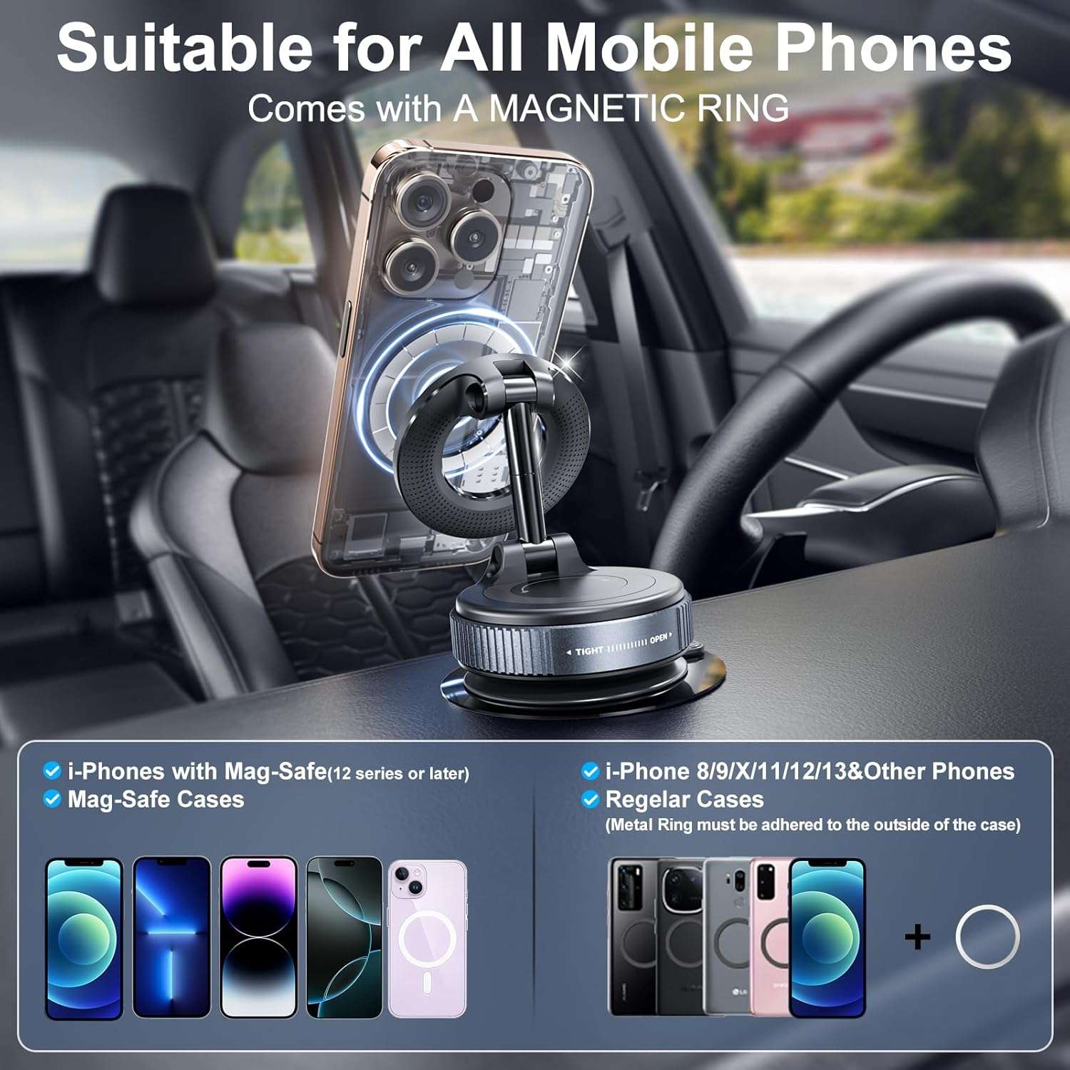 Magnetic car phone holder with suction cup, car holder, 360 degree rotating design and super RZ03