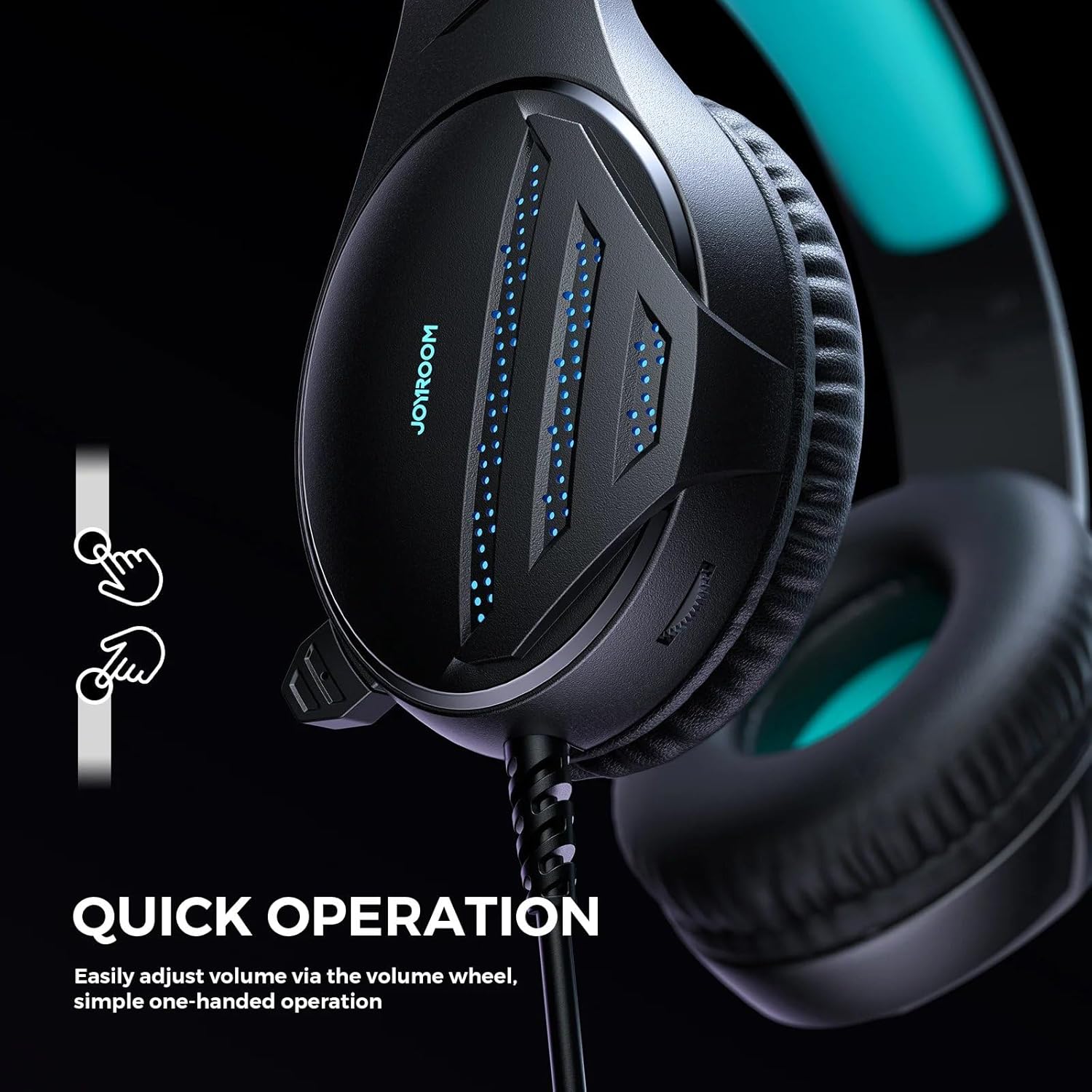 Close-up of black gaming headset earcup with teal accents, blue LED strip, and cable
