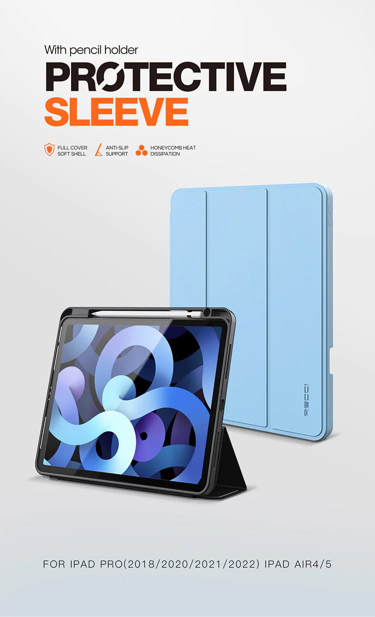 Blue folio iPad case with pencil holder, protective cover for tablet