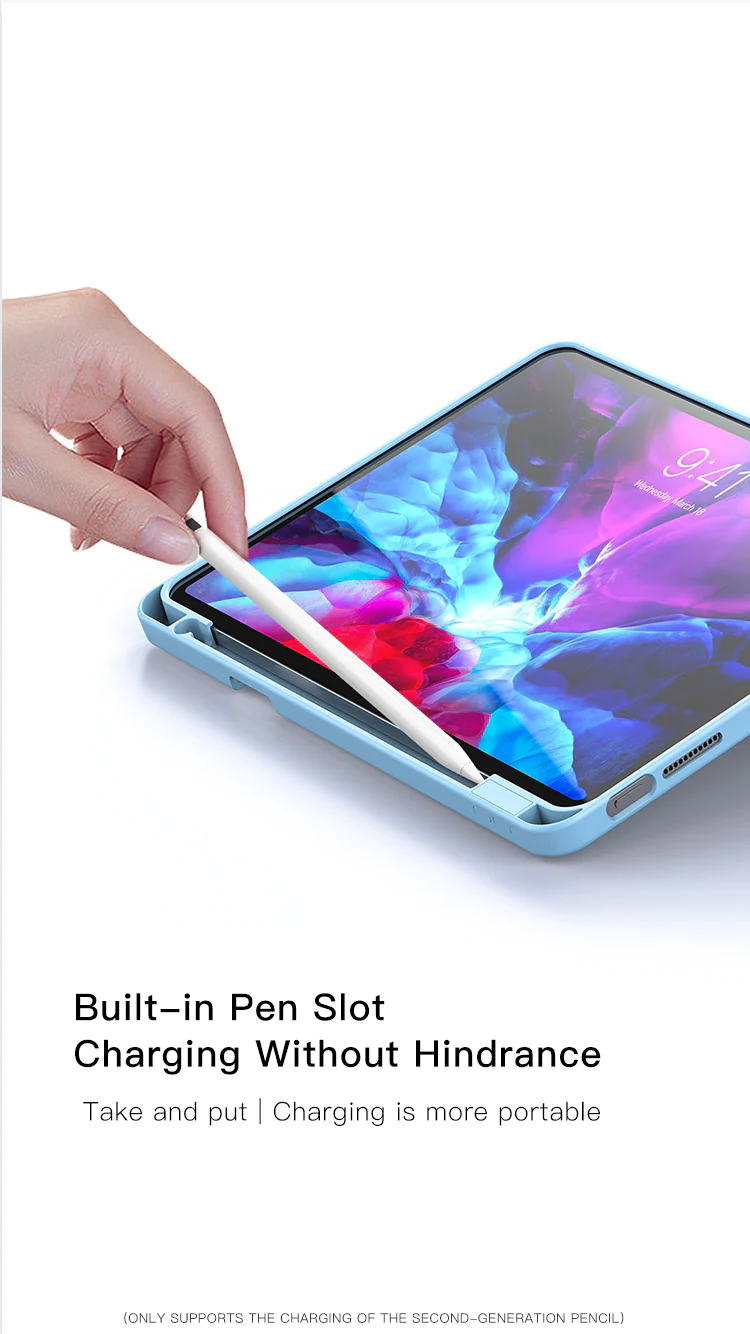 Light blue iPad case with built-in pen slot, hand inserting stylus