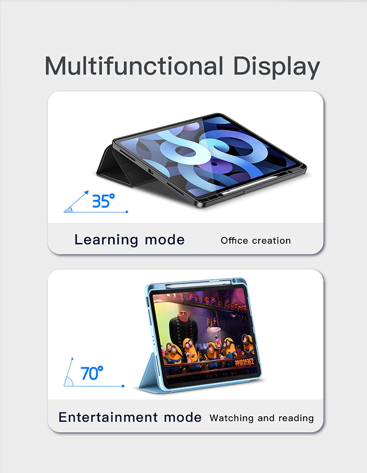 Black iPad folio stand case with tablet angled for learning mode use