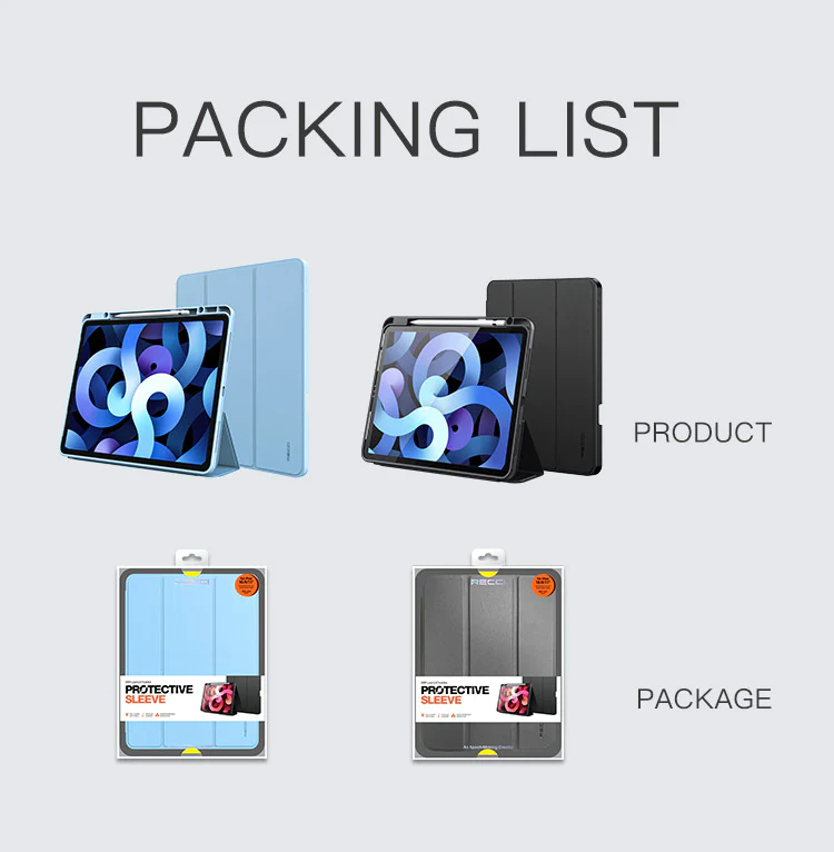 iPad case RPC-C02 in blue and black, folding stand cover with tablet front