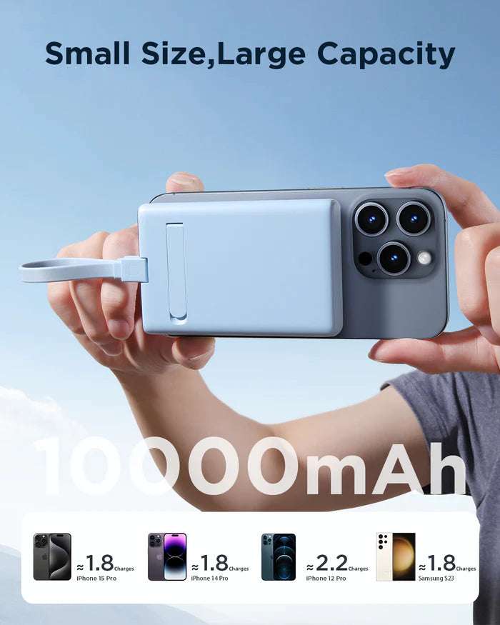Compact blue power bank with foldable kickstand and large capacity design