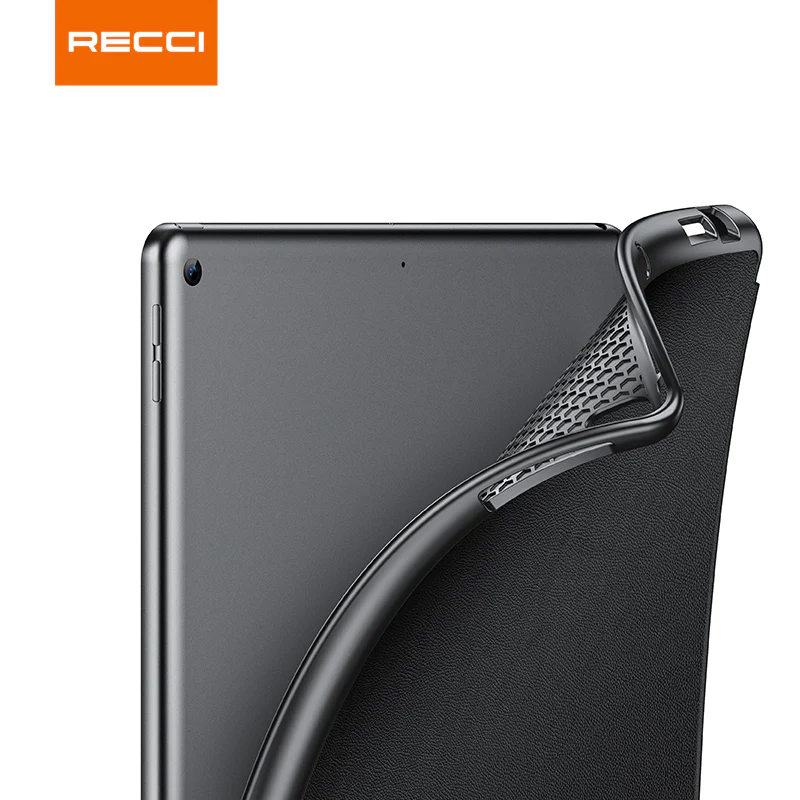 Black iPad case with textured cover, showing back panel and raised corner