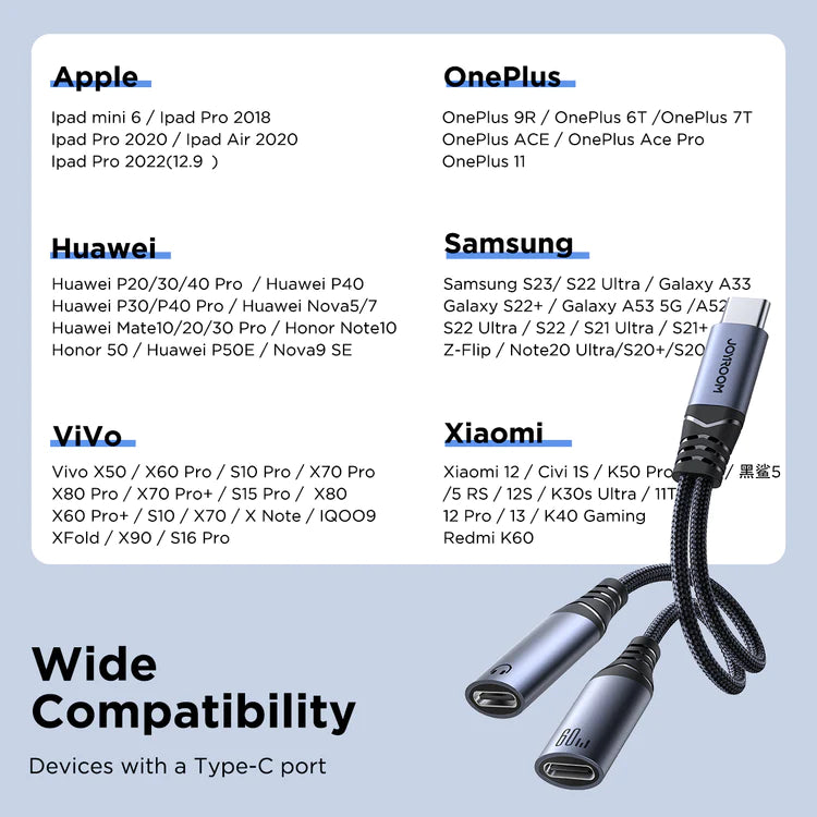 Braided Type-C to dual Type-C audio adapter with 60W PD marking