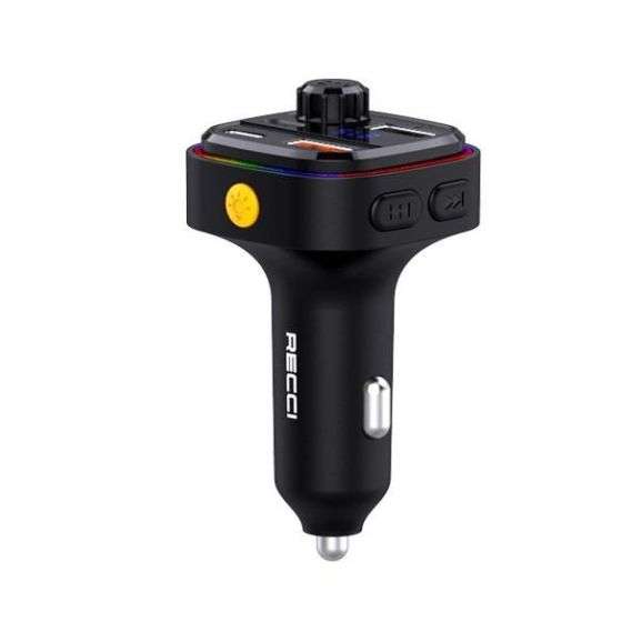 Black multifunction car charger with USB-C port and USB-A, top control buttons