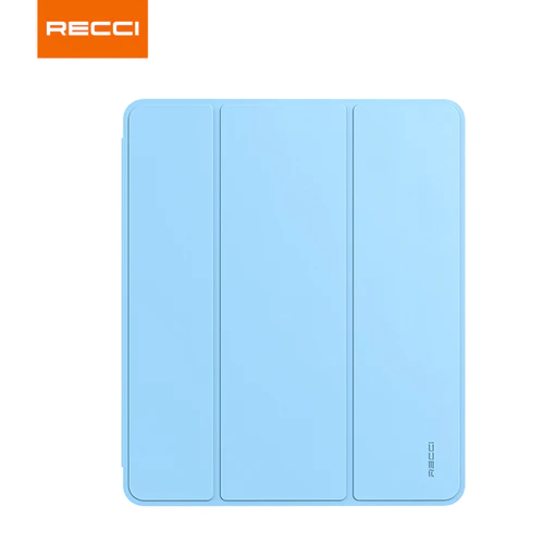 Light blue iPad case closed, three-panel folio design with side lettering