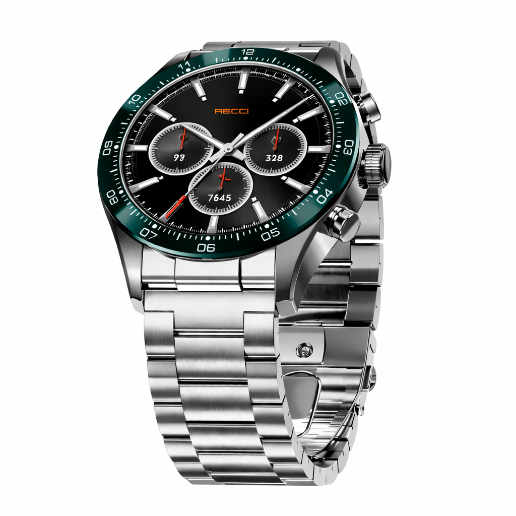Stainless steel smartwatch with black round dial, green bezel, and three subdials