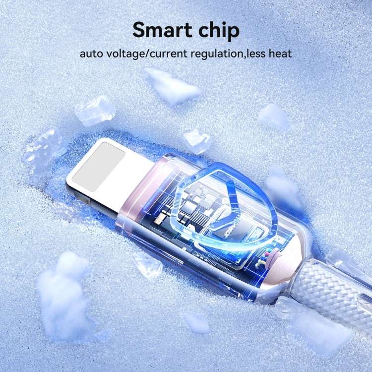 Lightning connector on rose USB cable with braided cord and clear sleeve