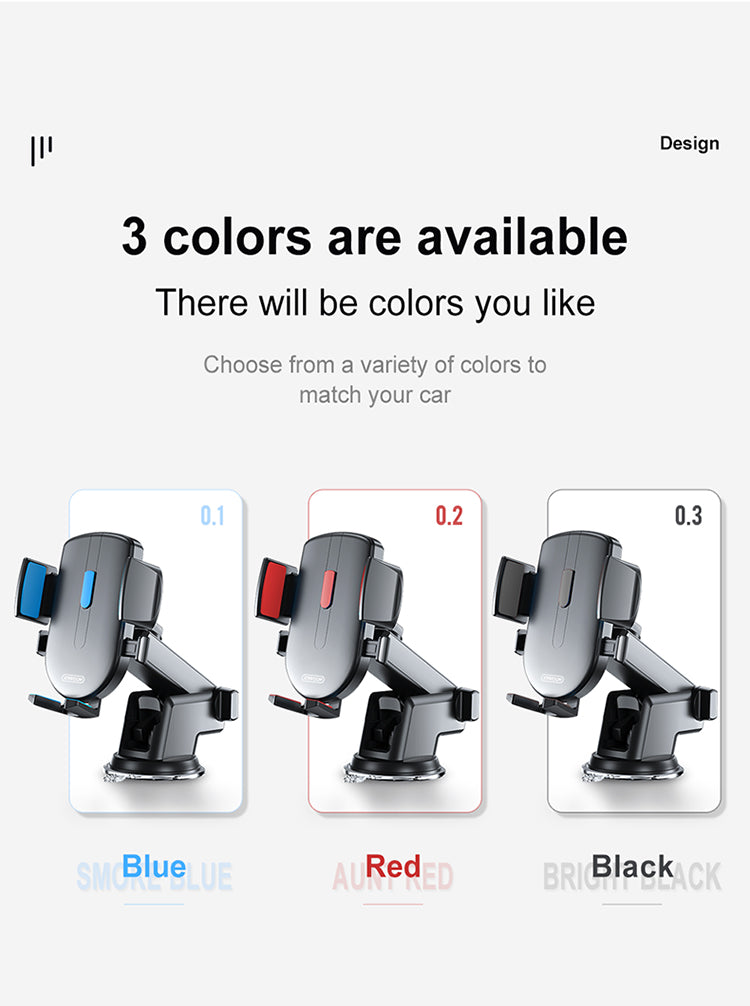 Car phone holder showing color variants with blue, red, and black accent arms