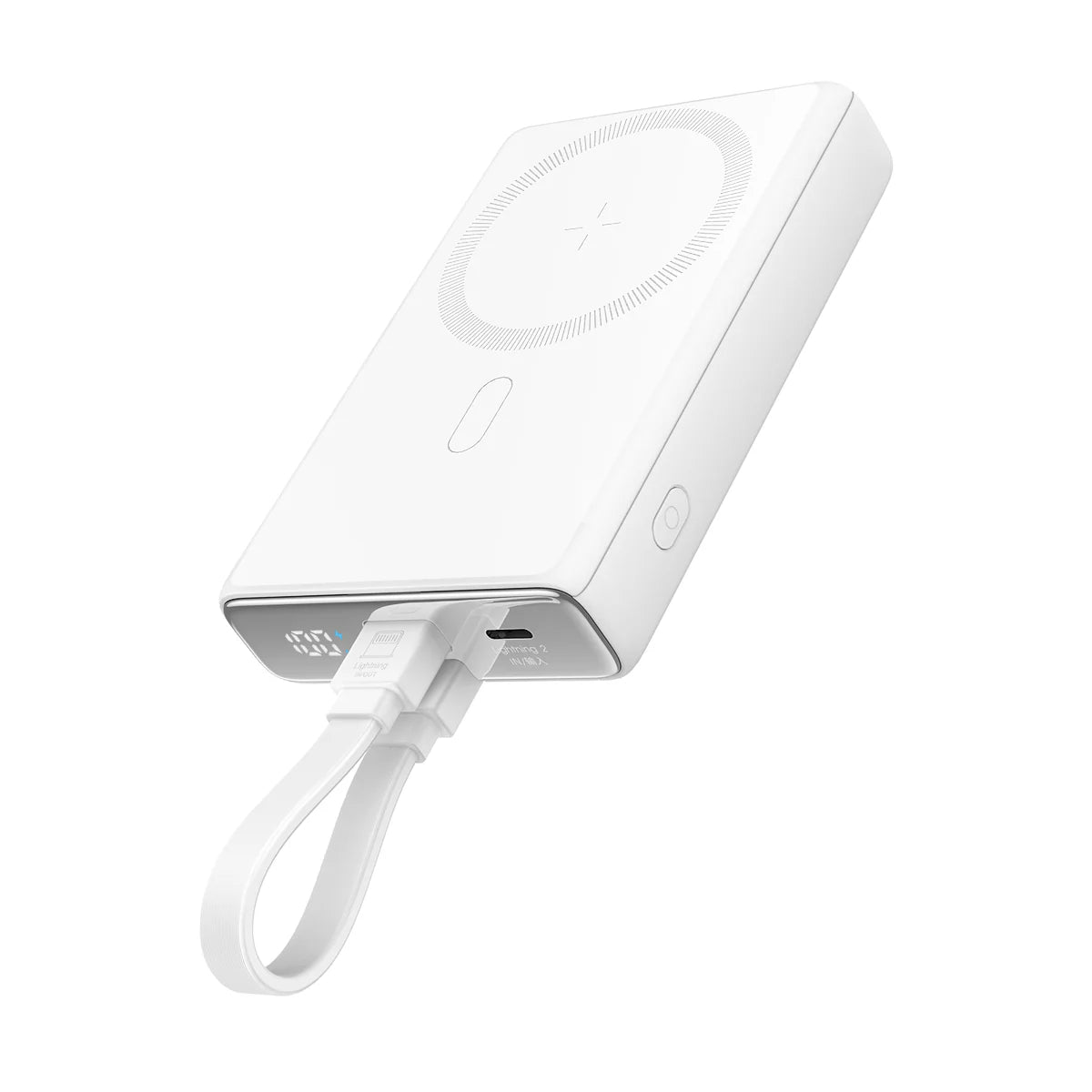 White magnetic wireless power bank with built-in cable and kickstand, wireless pad on top
