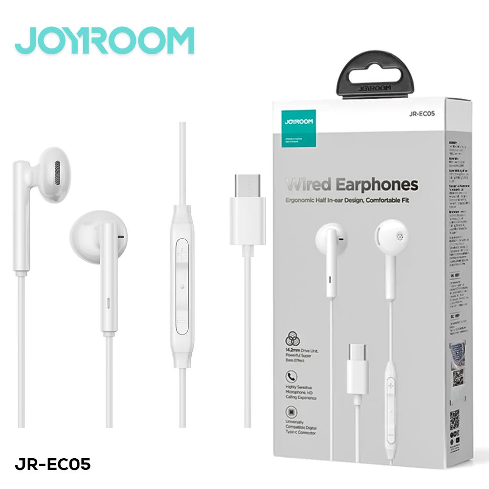 White wired half in-ear earphones with USB-C plug and retail box