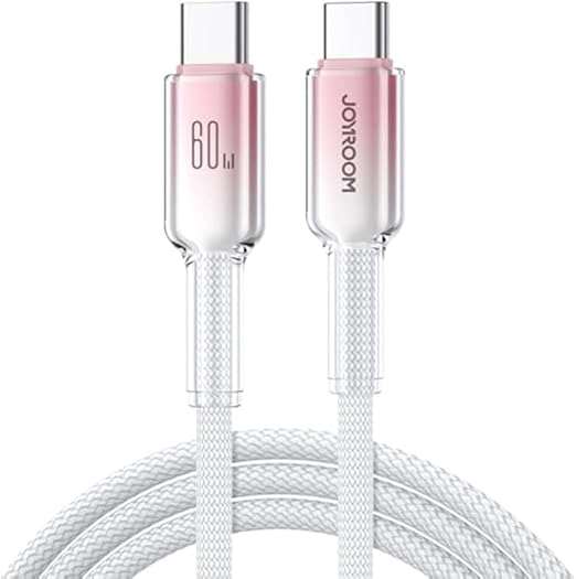 S-A42 crystal-clear fast charging data cable, white braided, USB-C plug with 60W marking.