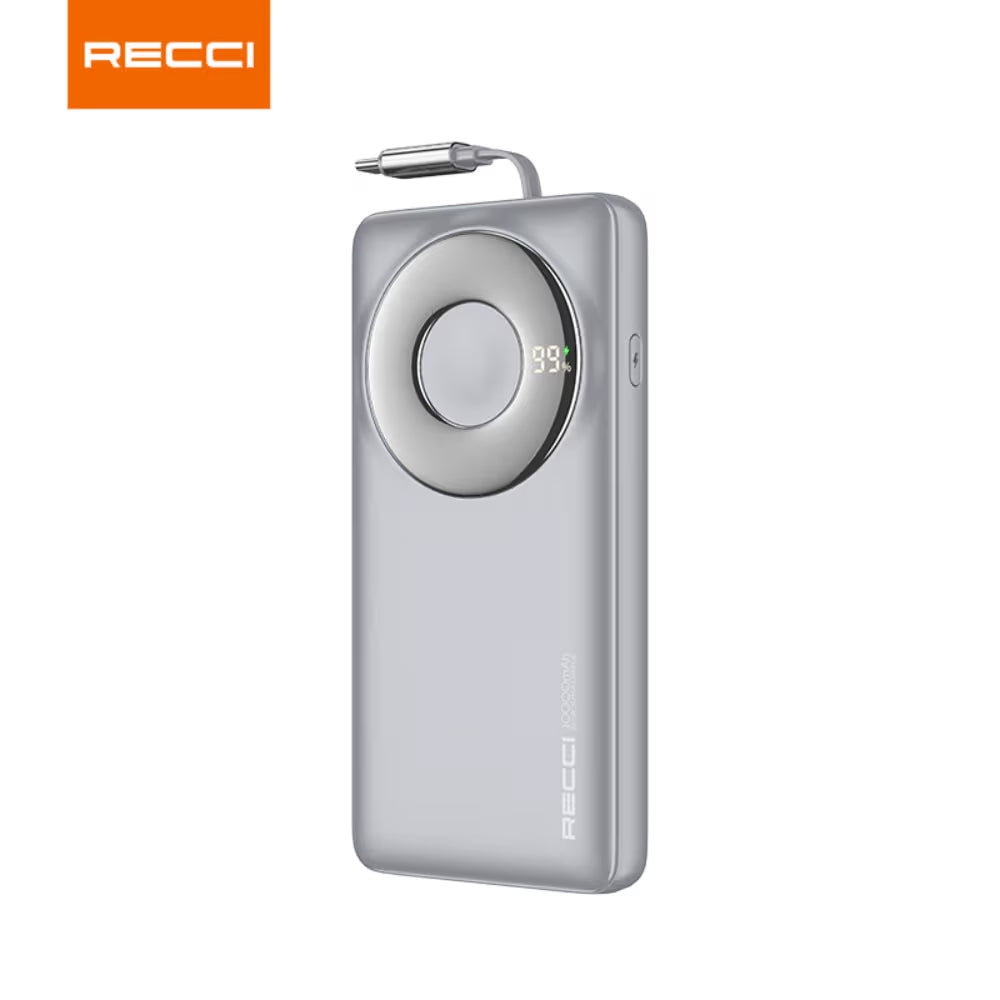 Recci 10000mAh power bank, titanium gray with retractable cable and LED % display
