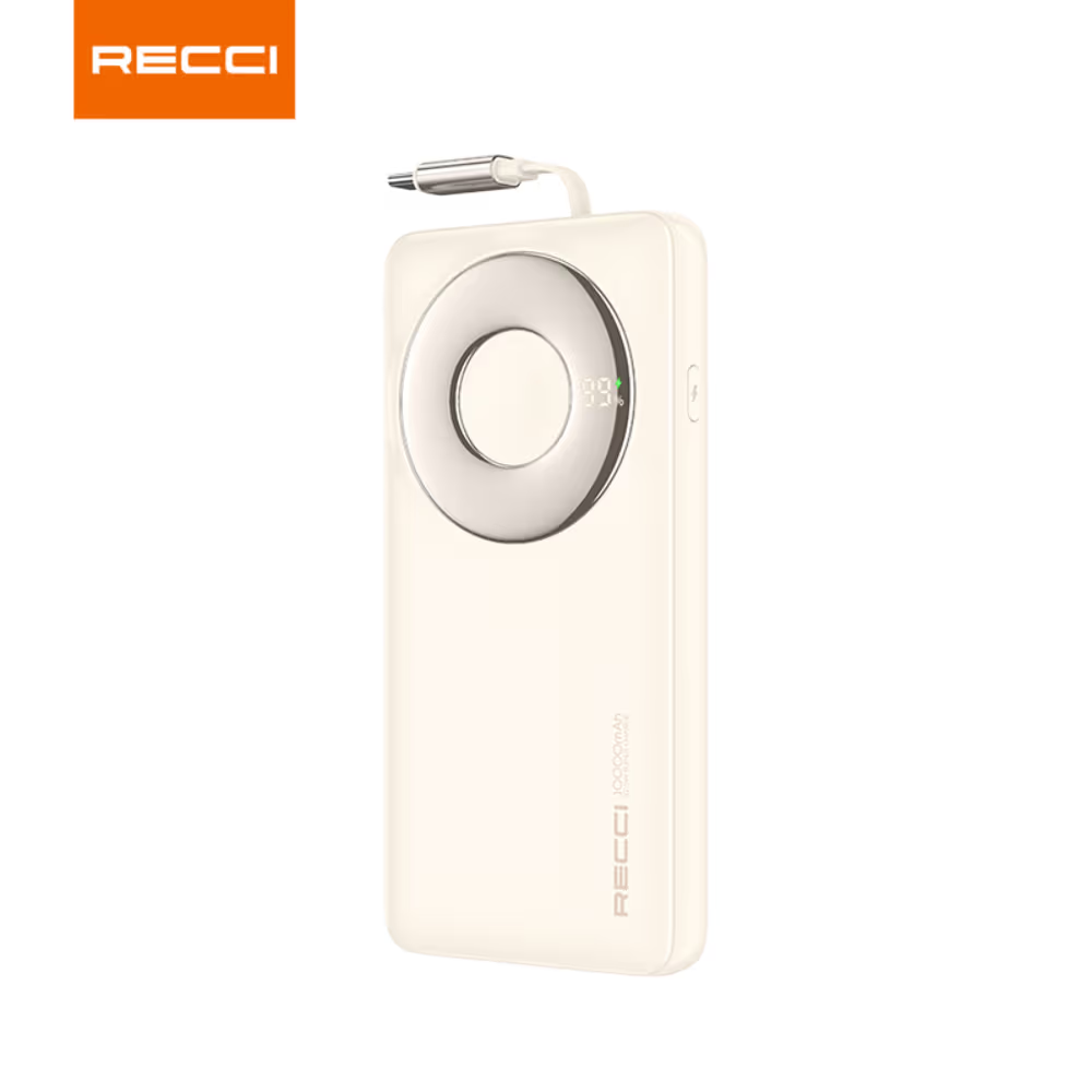 Recci 10000mAh power bank, beige with retractable cable and LED % display