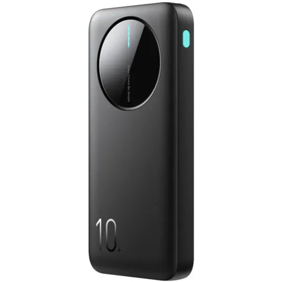 Black LED power bank with circular indicator panel and charging status lights.
