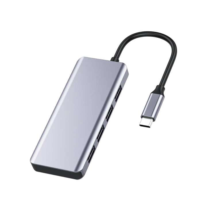 Gray USB-C hub with four USB 3.0 ports and Micro USB connector