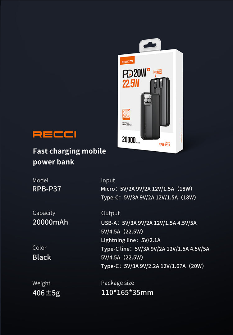 RECCI RPB-P37 22.5W + PD20W POWER BANK 20000MAH (BUILT-IN TYPE-C + LIGHTNING CABLE) - BLACK