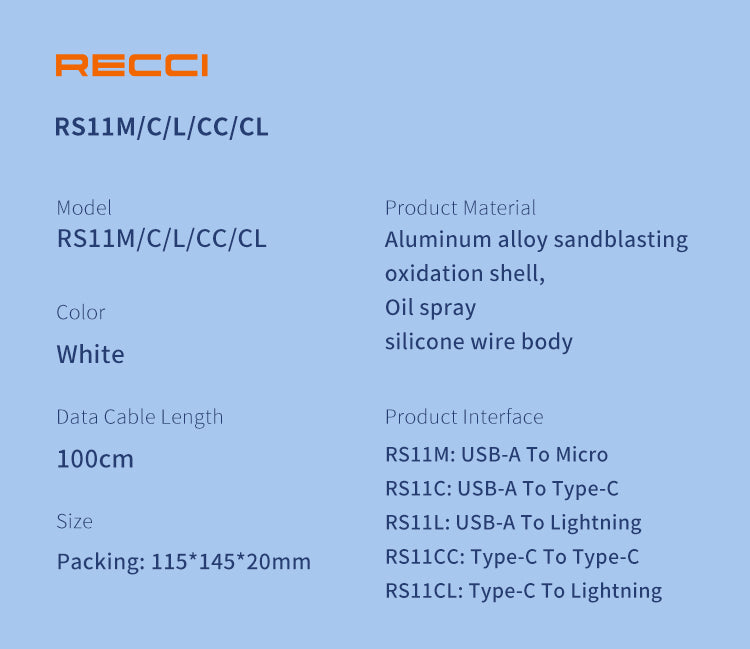 RECCI RS11 2.4A  SILICONE FAST CHARGING CABLE 1M - WHITE