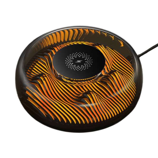 Wireless charger with night light, round black base with orange LED ring patterns