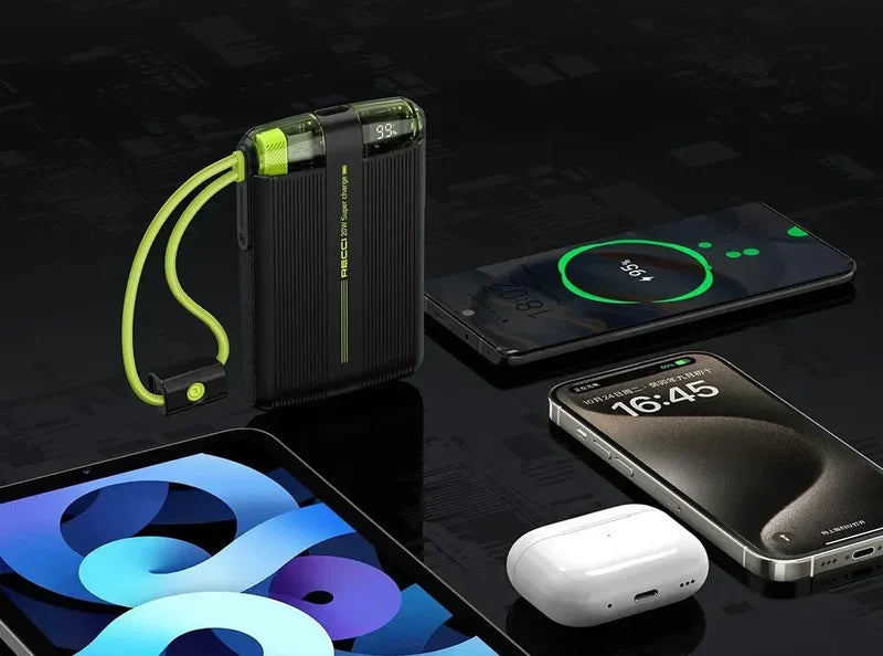 Black power bank with lime-green built-in cable, LCD shows 93%