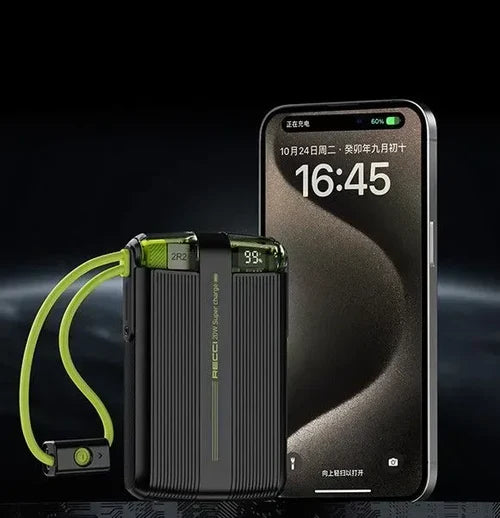 Black power bank with lime-green built-in cable, LCD shows 16:45