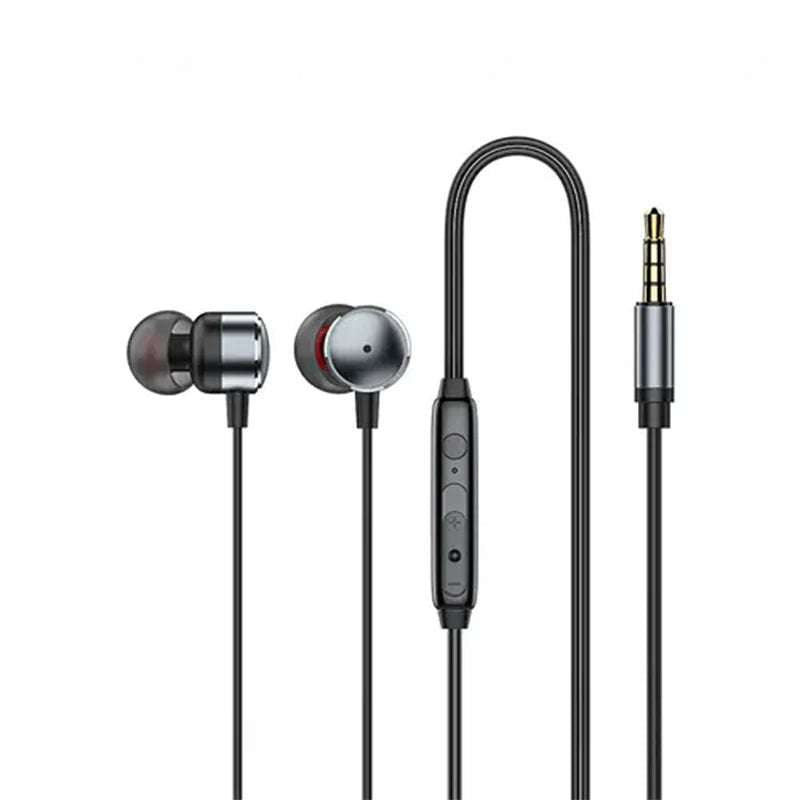 Wired earphones with metal earbuds, inline remote control, and gold 3.5mm plug