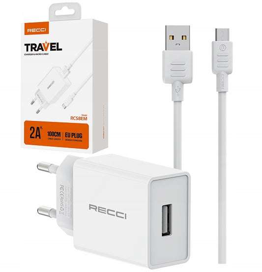 Recci micro USB wall charger 2A with USB port and charging cable, white