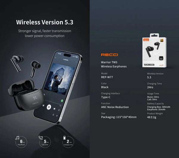 Recci Warrior Wireless Bluetooth 5.3 In-Ear Airpods REP-W77   سماعات أذن بلوتوث لاسلكية ريتشي