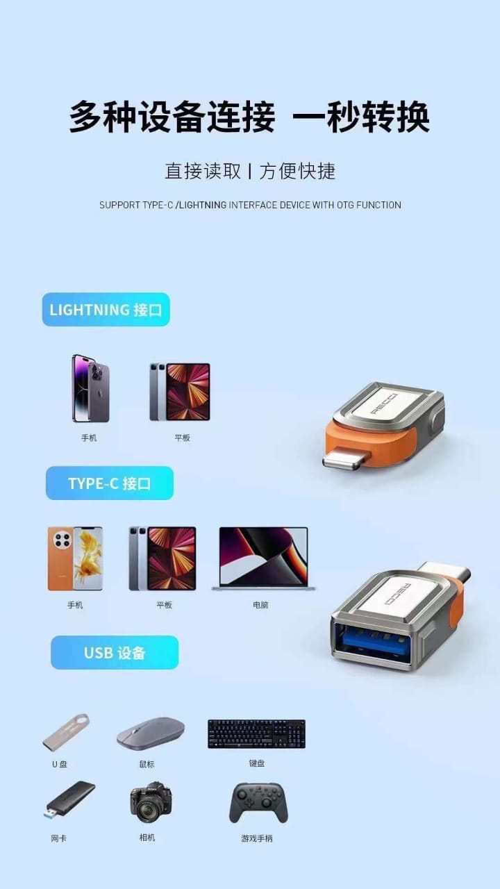 OTG adapter connection chart showing Lightning, Type-C, and USB device compatibility