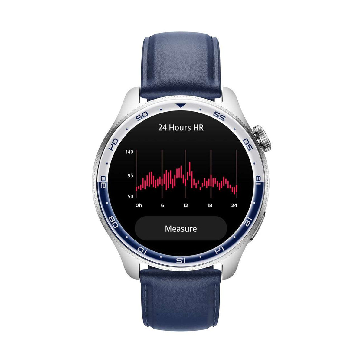 Smart watch with dark blue strap and black display showing heart-rate graph