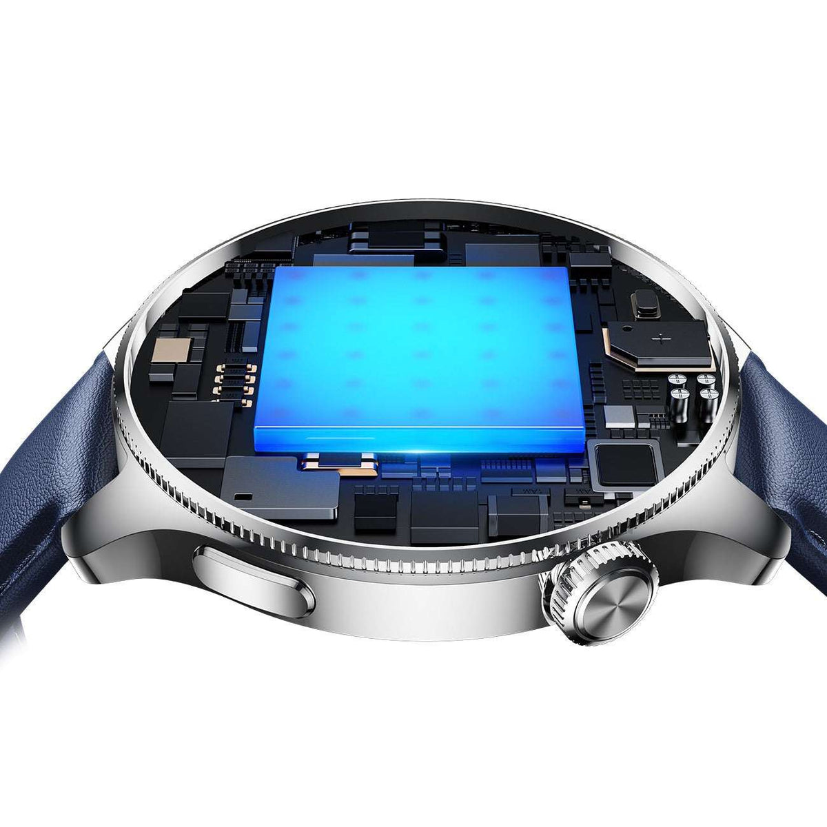 Joyroom JR-FC3 smart watch with open internal components and blue leather strap