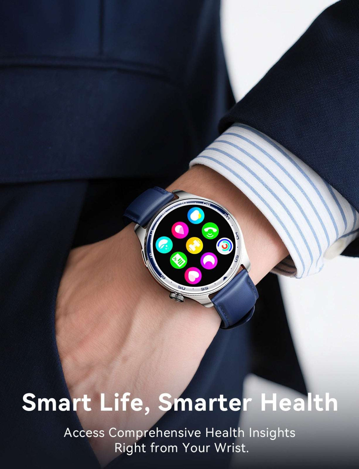 Joyroom JR-FC3 smart watch on wrist with blue strap and colorful app icons