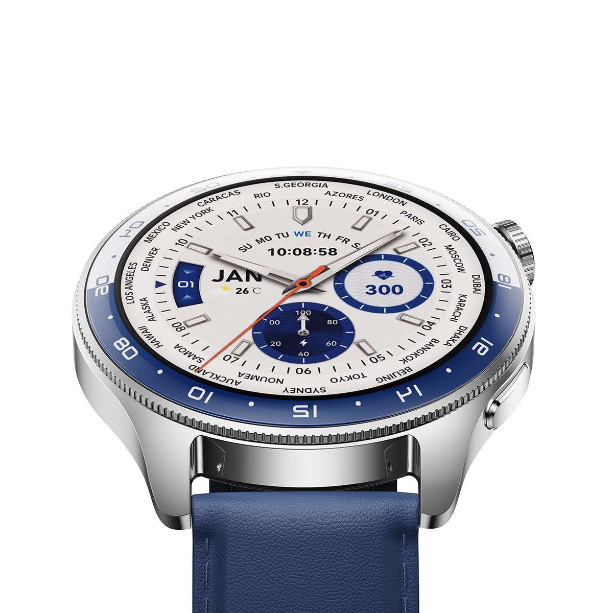 Smart watch with silver case and dark blue strap, sports dial on a bright display