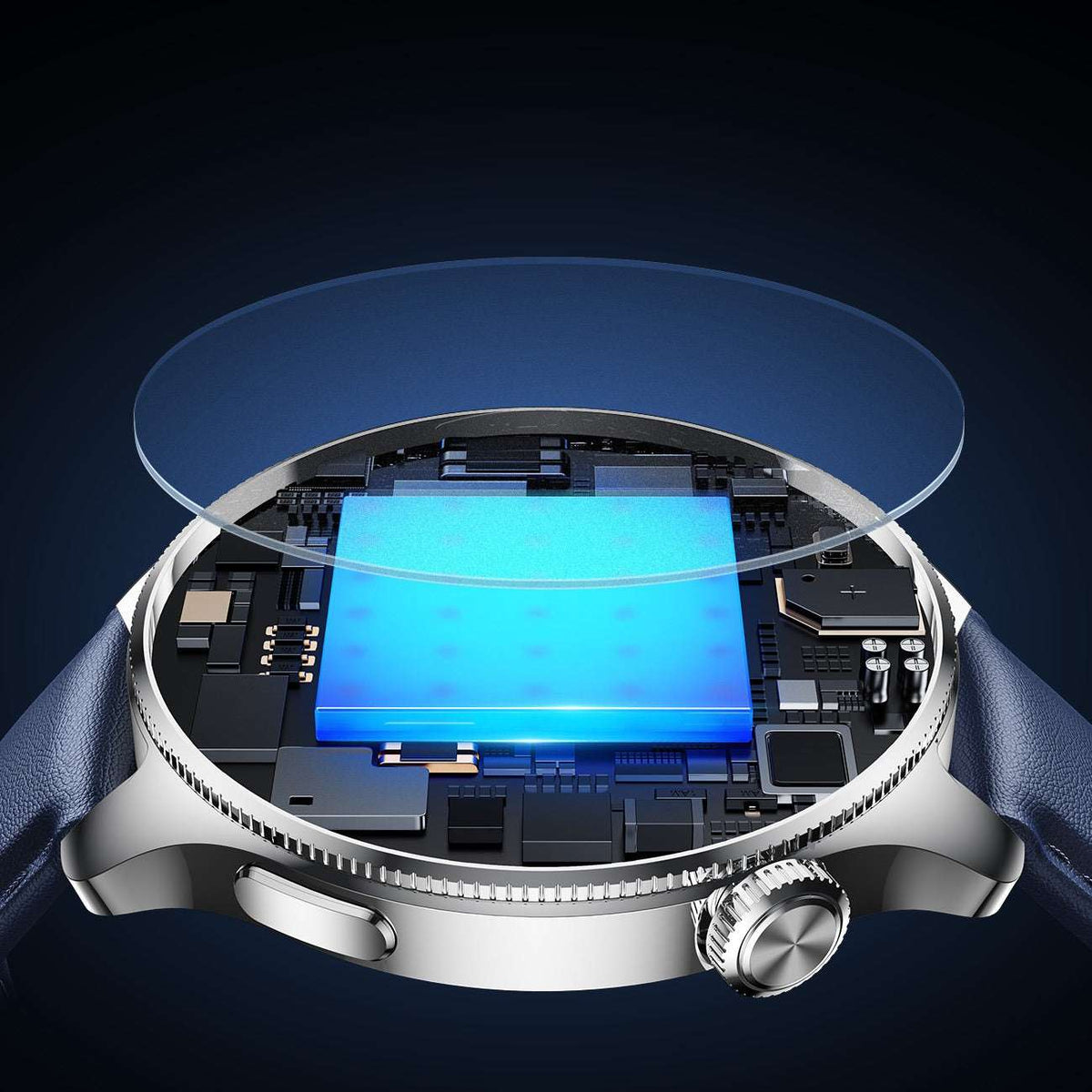 Joyroom JR-FC3 smart watch with blue leather strap, open view of internal circuit board