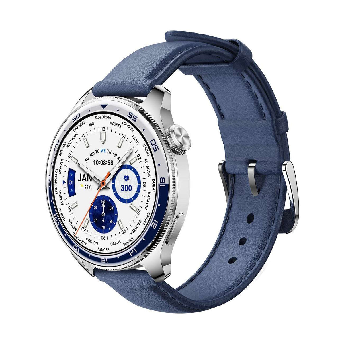 Smart watch with silver case and dark blue strap, front view with white dial