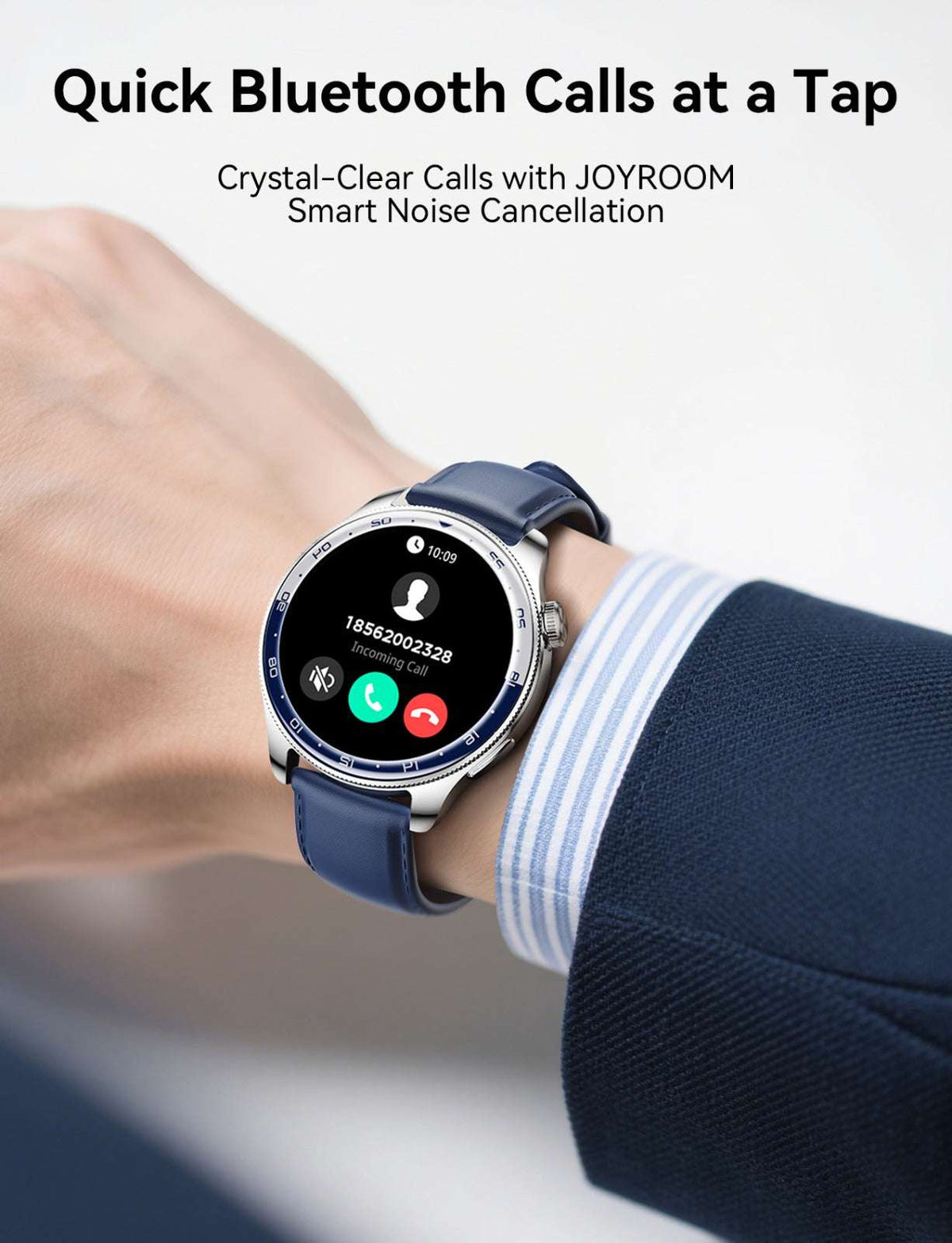 Smart watch with dark blue strap showing Bluetooth call icons on a black display