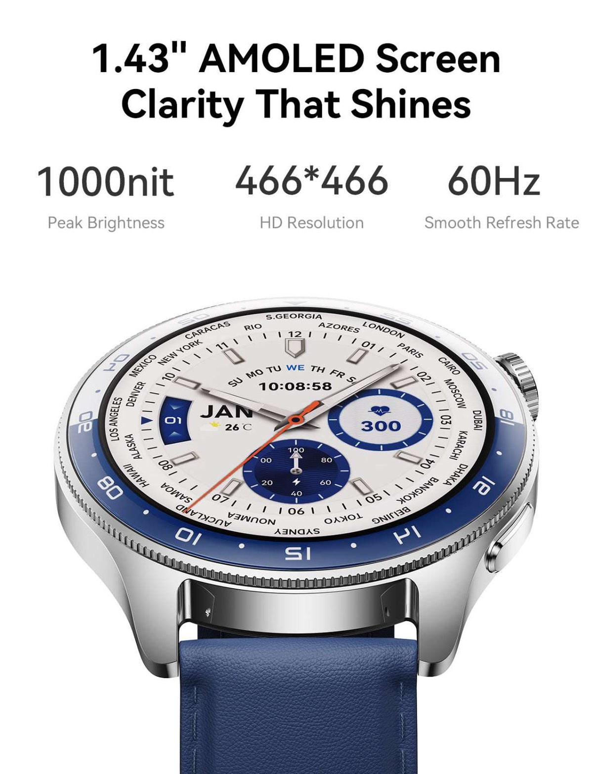 Smart watch with silver case and dark blue strap, colorful date dial on AMOLED screen