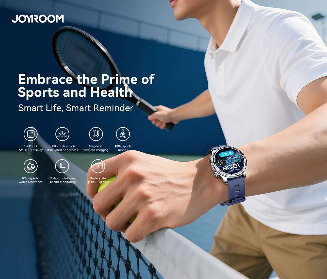 Smart watch on wrist with dark blue strap, displaying a sporty health-themed interface