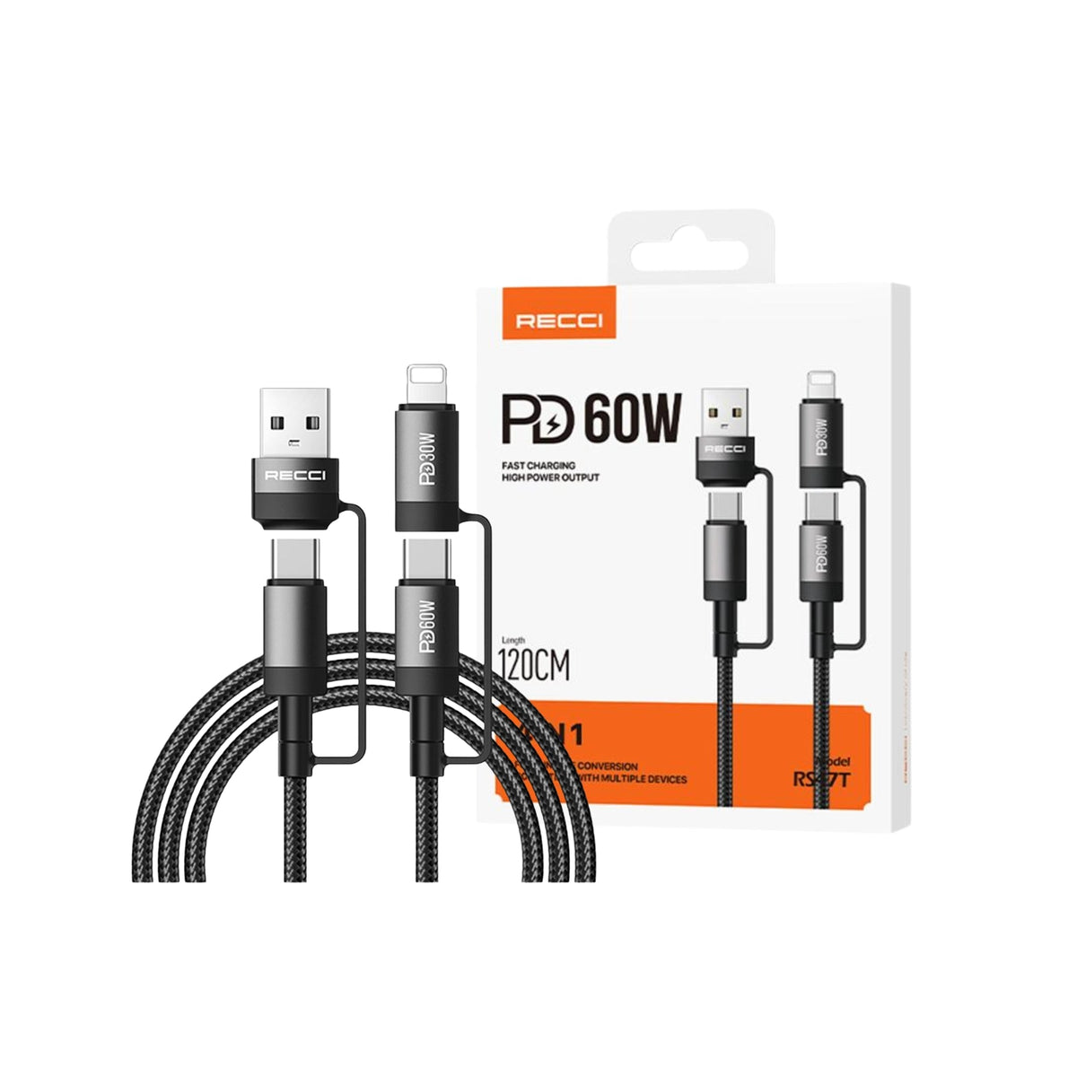 4-in-1 60W fast charging cable set with USB-A and multi-connectors, braided design