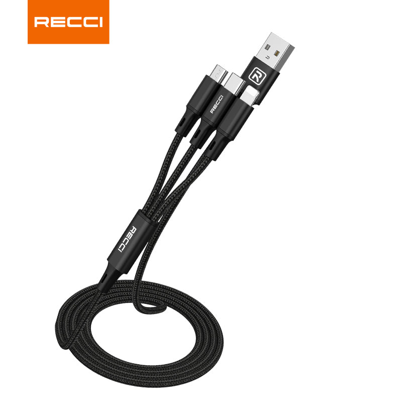 Black 3-in-1 USB data cable with three braided connectors and USB-A plug
